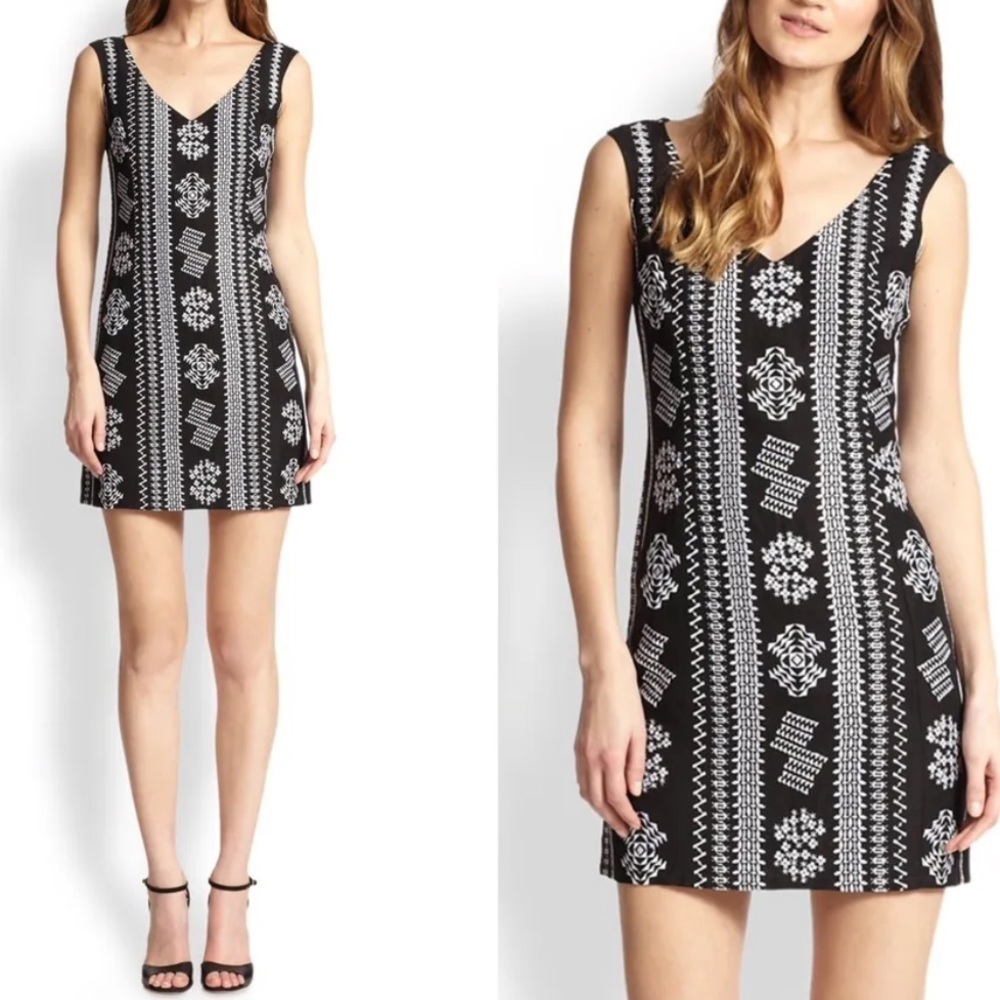 NANETTE LEPORE Up All Night Black White Linen‎ Boho Festival Dress Embroidery 0